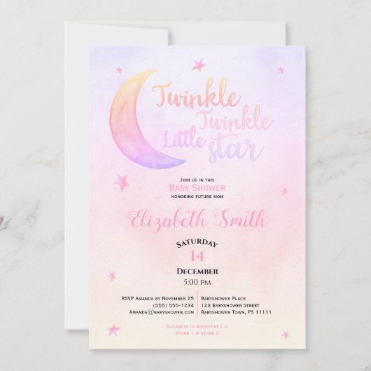 Invitation Twinkle petite étoile bébé fille bébé douche (Devant)