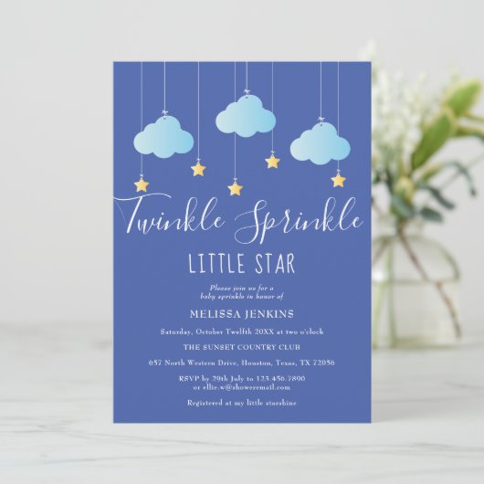 Invitation Twinkle Sprinkle Little Star Baby shower bleu (Debout devant)