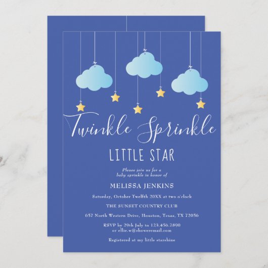 Invitation Twinkle Sprinkle Little Star Baby shower bleu (Devant / Derrière)