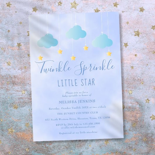 Invitation Twinkle Sprinkle Little Star Boy Baby shower bleu