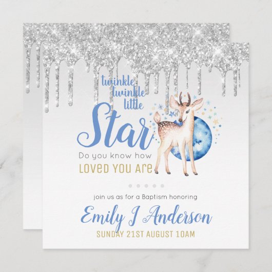Invitation TWINKLE Star DriParties scintillant Bois Cerf BAPT (Devant / Derrière)