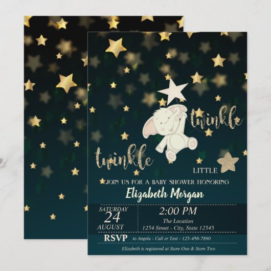 Invitation Twinkle Star Noir, Or, Baby shower ours (Devant / Derrière)