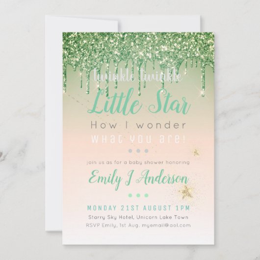 Invitation TWINKLE STAR Vert rose or Parties scintillant bébé (Devant)