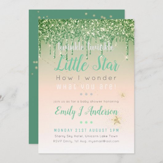 Invitation TWINKLE STAR Vert rose or Parties scintillant bébé (Devant / Derrière)