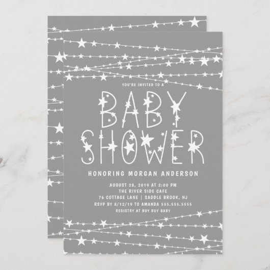 Invitation Twinkle Stars Baby shower neutre genre (Devant / Derrière)