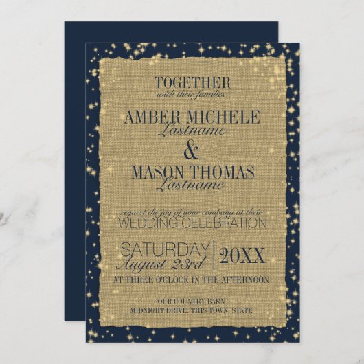 Invitation Twinkle Stars Rustic Burlap Mariage (Devant / Derrière)