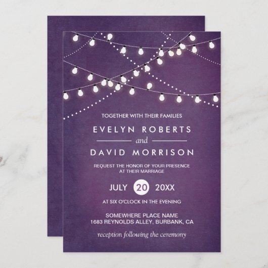 Invitation Twinkle String Lumières foncé violet Mariage extér (Devant / Derrière)