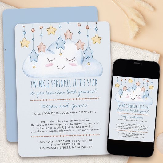 Invitation Twinkle Twinkle Étoiles et Nuage Bébé Sprinkle