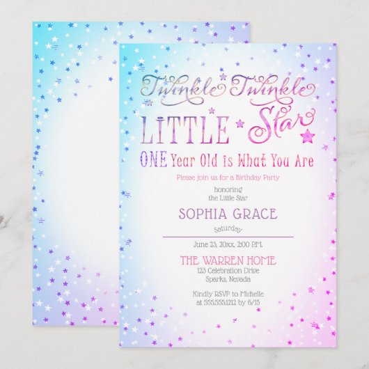 Invitation Twinkle Twinkle Little Star 1er anniversaire (Devant / Derrière)