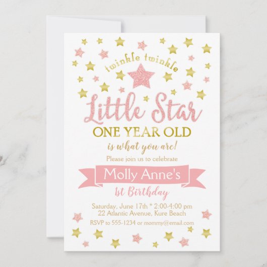 Invitation Twinkle Twinkle Little Star 1er Anniversaire Pink (Devant)