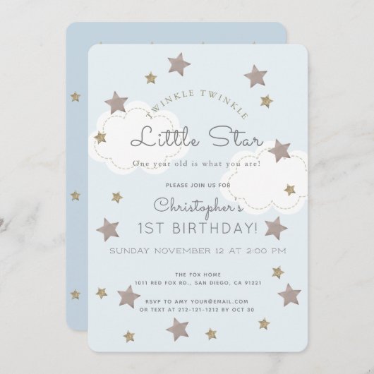 Invitation Twinkle Twinkle Little Star 1st Boy Birthday (Devant / Derrière)