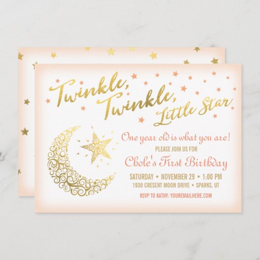 Invitation Twinkle, Twinkle, Little Star Anniversaire coral (Devant / Derrière)
