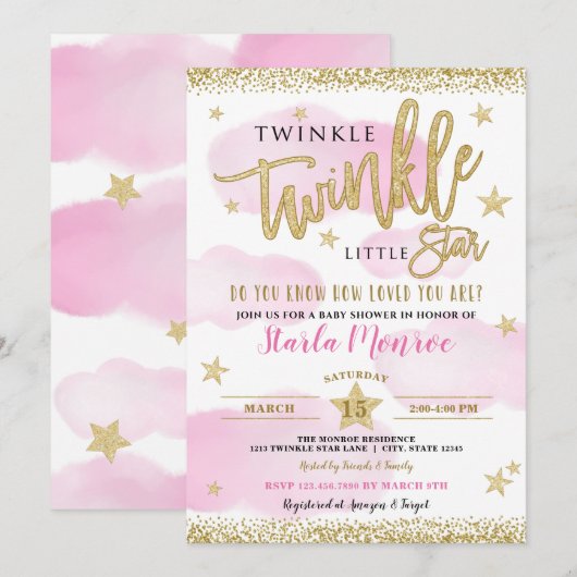 Invitation Twinkle Twinkle Little Star Baby Girl Douche (Devant / Derrière)