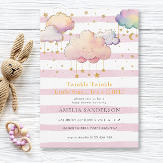 Invitation Twinkle Twinkle Little Star Baby Girl Douche rose