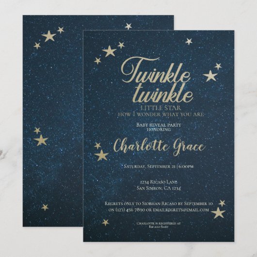 Invitation Twinkle Twinkle Little Star Baby Reveal (Devant / Derrière)