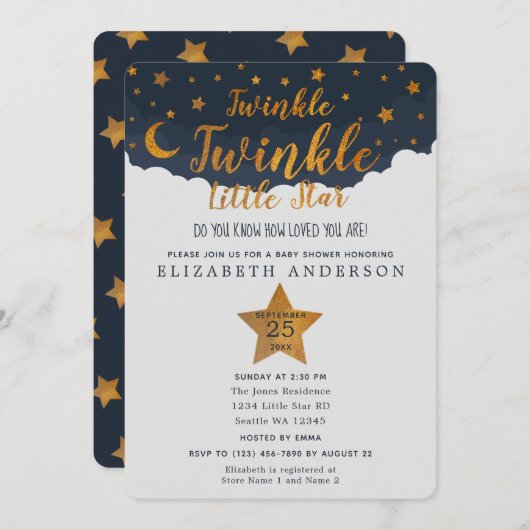 Invitation Twinkle Twinkle Little Star Baby shower (Devant / Derrière)