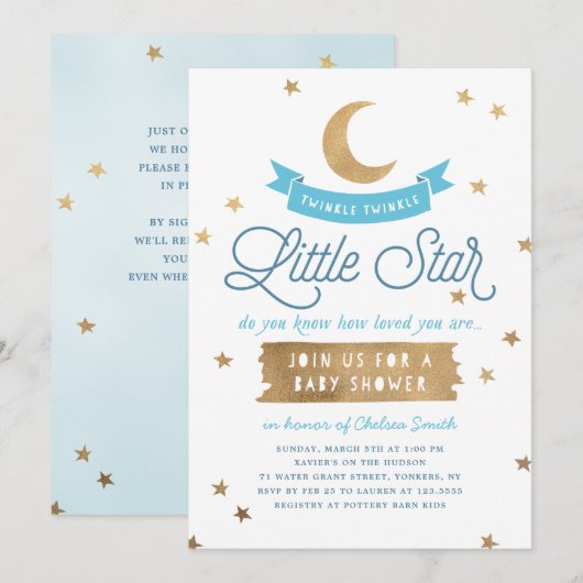 Invitation Twinkle Twinkle Little Star | Baby shower | Bleu (Devant / Derrière)