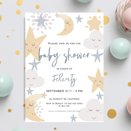 Invitation Twinkle Twinkle Little Star Baby shower céleste