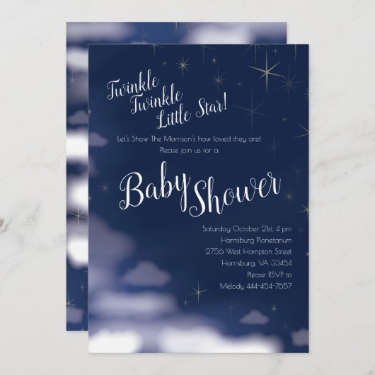 Invitation Twinkle Twinkle Little Star Baby shower Celestial (Devant / Derrière)