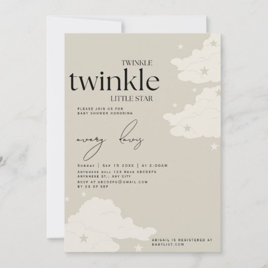 Invitation Twinkle Twinkle Little Star Baby shower I (Devant)