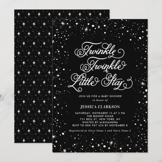 Invitation Twinkle Twinkle Little Star Baby shower noir (Devant / Derrière)
