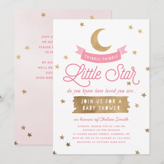 Invitation Twinkle Twinkle Little Star | Baby shower | Rose (Devant / Derrière)