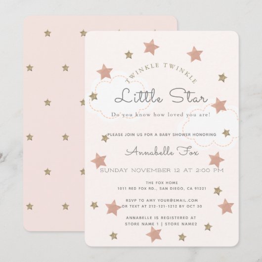 Invitation Twinkle Twinkle Little Star Baby shower rose (Devant / Derrière)
