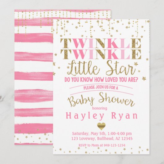 Invitation Twinkle Twinkle Little Star Baby shower rose or (Devant / Derrière)