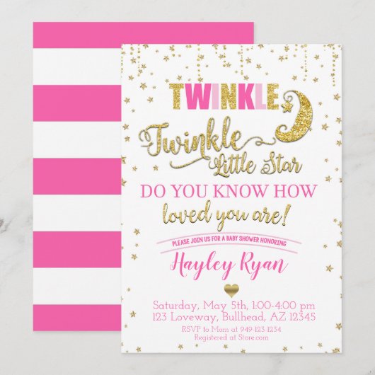 Invitation Twinkle Twinkle Little Star Baby shower rose or (Devant / Derrière)