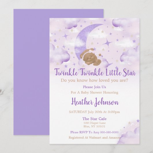 Invitation Twinkle Twinkle Little Star Bear Baby shower (Devant / Derrière)