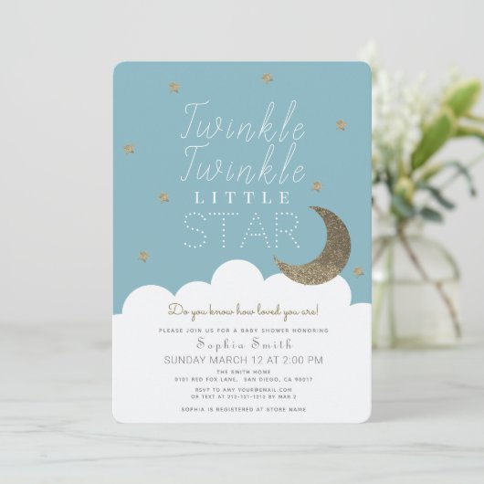 Invitation Twinkle Twinkle Little Star Blue Boy Baby shower (Debout devant)