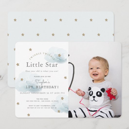 Invitation Twinkle Twinkle Little Star Blue Photo Anniversair (Devant / Derrière)