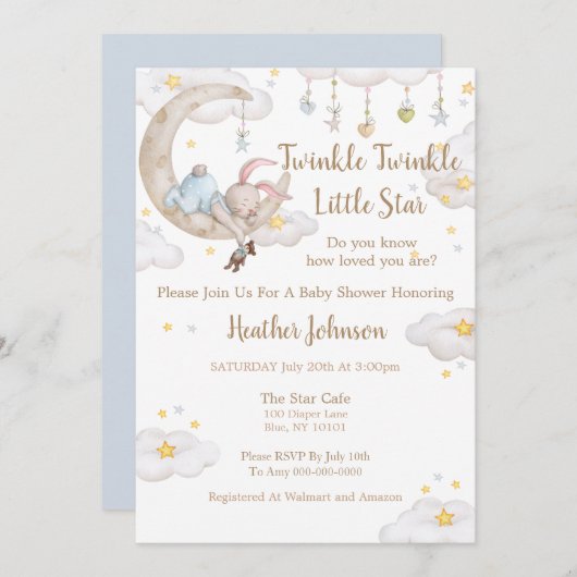 Invitation Twinkle Twinkle Little Star Bunny Baby shower (Devant / Derrière)