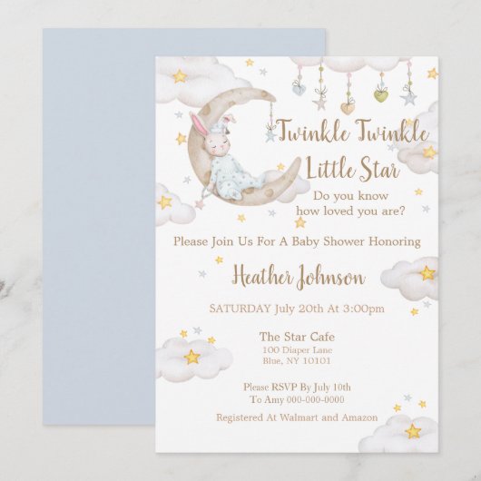 Invitation Twinkle Twinkle Little Star Bunny Baby shower (Devant / Derrière)