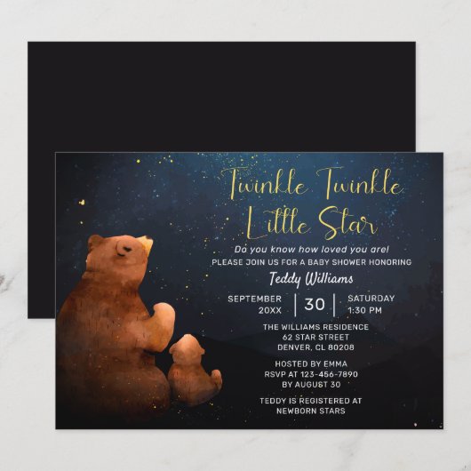Invitation Twinkle Twinkle Little Star Cute Bear Baby shower (Devant / Derrière)