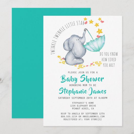 Invitation Twinkle Twinkle Little Star Elephant Baby shower (Devant / Derrière)