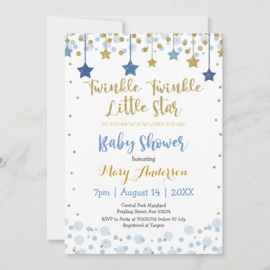 Invitation Twinkle Twinkle Little Star Gold Blue Sparkle Baby (Devant)