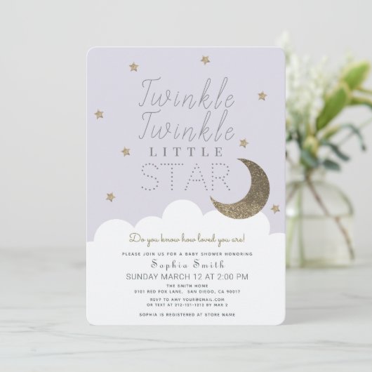 Invitation Twinkle Twinkle Little Star Lilac Baby shower (Debout devant)