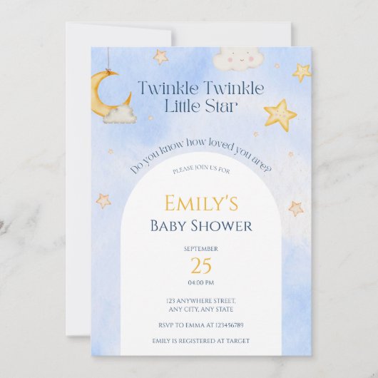 Invitation Twinkle Twinkle Little Star Moon Cloud Baby shower (Devant)