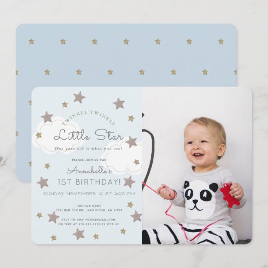 Invitation Twinkle Twinkle Little Star Photo Blue Anniversair (Devant / Derrière)