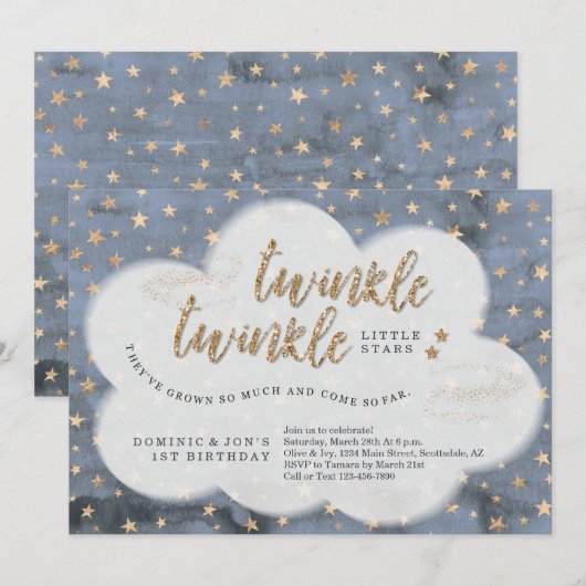 Invitation Twinkle Twinkle Little Star Twin Boys 1er annivers (Devant / Derrière)