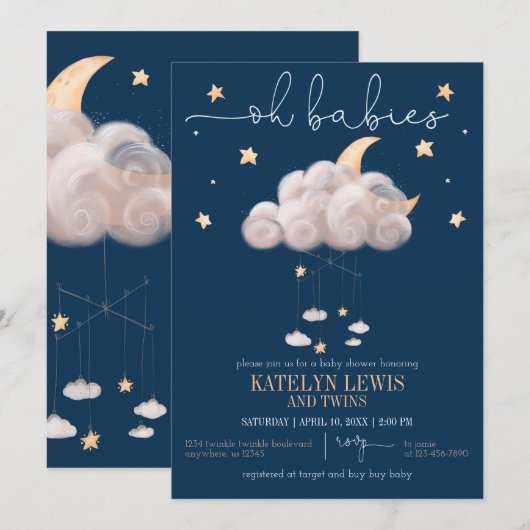 Invitation Twinkle Twinkle Little Star Twins Baby shower (Devant / Derrière)