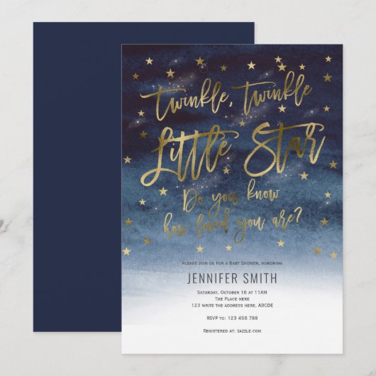 Invitation Twinkle Twinkle Little Stars, Baby shower (Devant / Derrière)