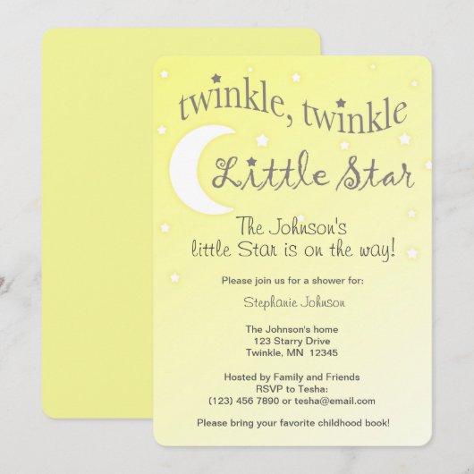 Invitation Twinkle Twinkle petite étoile jaune doux invitatio (Devant / Derrière)