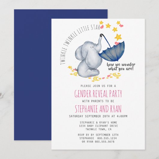 Invitation Twinkle Twinkle Rose Navy Elephant Genre Révélatio (Devant / Derrière)
