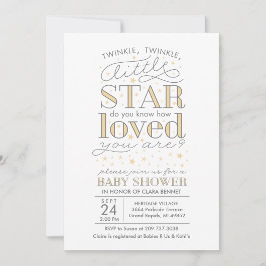 Invitation Twinkle Twinkle Star thème Baby shower jaune (Devant)