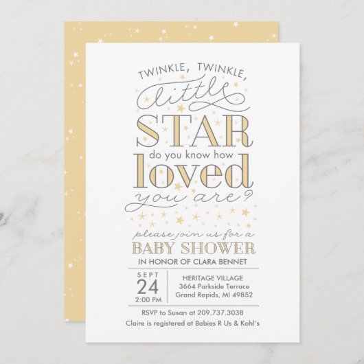 Invitation Twinkle Twinkle Star thème Baby shower jaune (Devant / Derrière)
