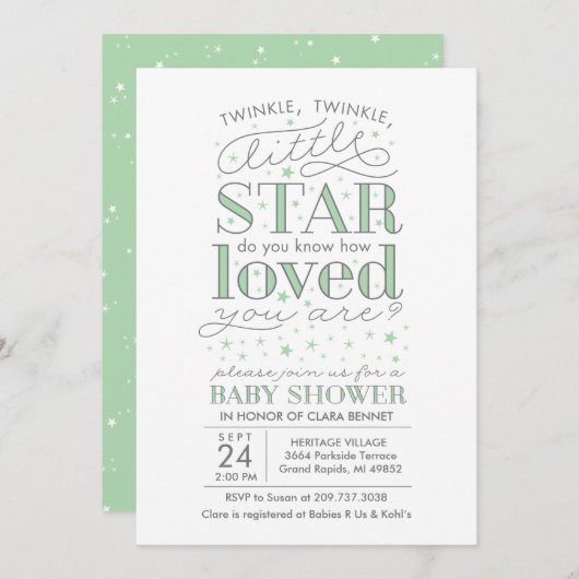 Invitation Twinkle Twinkle Star Theme Baby shower Mint Green (Devant / Derrière)