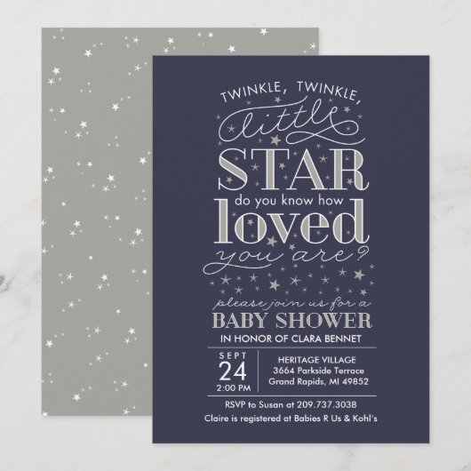 Invitation Twinkle Twinkle Star Thème Marine Douche Argent (Devant / Derrière)