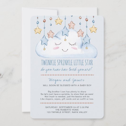 Invitation Twinkle Twinkle Stars et Cloud Boy Bébé Sprinkle (Devant)
